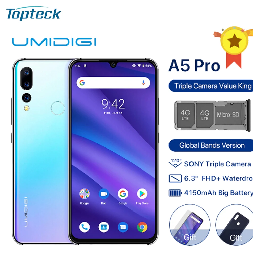 UMIDIGI A5 Pro смартфон 6,3 ''полный экран 4 Гб+ 32 ГБ Android 9,0 мобильный телефон 16 МП Тройная задняя камера глобальная Двойная 4G