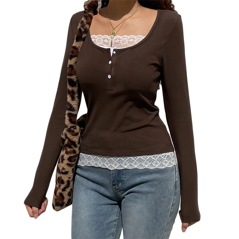 Korean Cute Y2K Retro Cotton Tops Lace Patchwork Buttons Kawaii Tshirts Autumn Square Collar Chic Casual Shirts