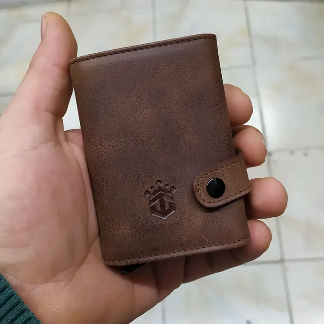 Smart Wallet Business Card Holder Real Cow Leather Handmade Smart Automatic Card Holder Men Gift Hasp Coffee