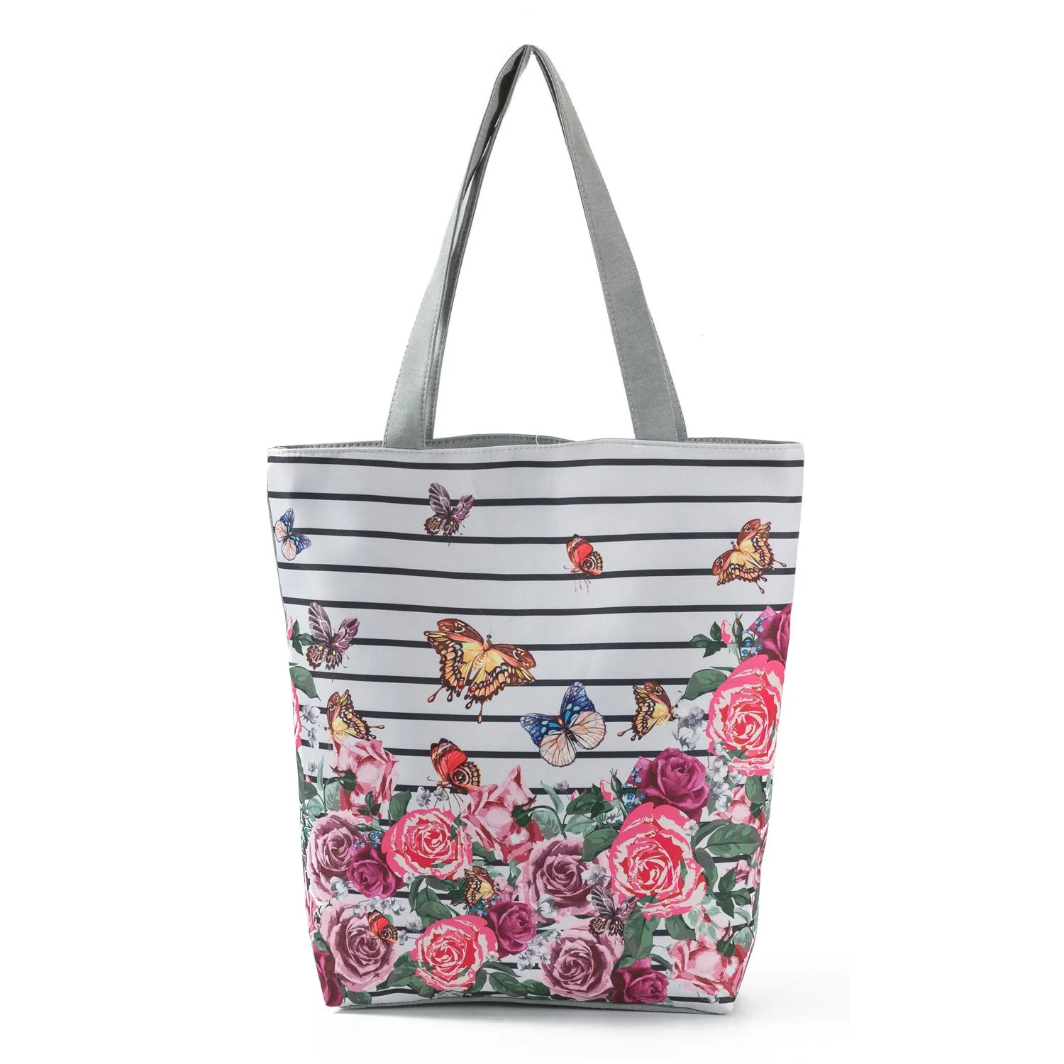 

Autumn Travel Bag Daily Use Shopping Bag Striped Floral Butterfly Printed Shoulder Bag Classic Handbags Eco Friendly Tote Female