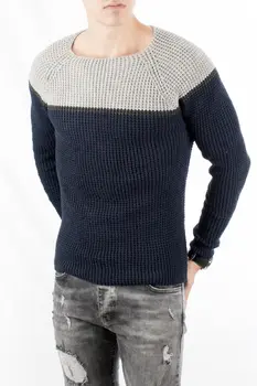 

DeepSEA Navy Blue Double Color Breast Striped Mercerized Sweater 1808067