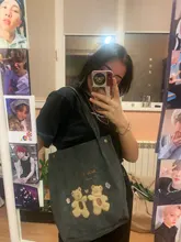 Bolso de hombro de PANA con bordado de ositos de la suerte para mujer, bolsa de lona a rayas, de tela ecológica, bolsas de compras bonitas y suaves