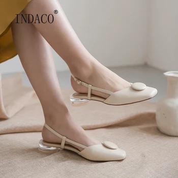 

Women Leather Sandals Round Low High Heels Summer Sandals Slip on Summer Shoes 2.5cm