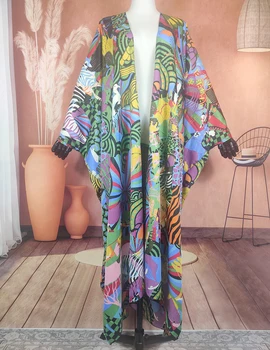 Plus Size European Printed Summer Sexy Lady Beach Bikini Cover Up Causal African Lady Quality Open Front Duster Coat Muslim