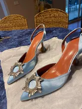 Zapatos de tacón alto con diamantes de imitación para mujer, calzado de seda satinada con punta puntiaguda, sin cordones, para boda, talla grande 41 42