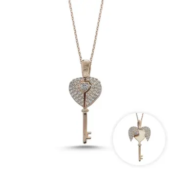 

Angemiel 925 Silver Zircon Stone Moving Heart & Key Pendant-Rose Gold Plated