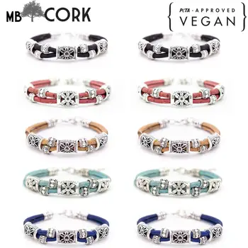 

Natural cork antique silver flower beads bracelet women handmade wood jewelry from Portugal Brw-019-MIX-10