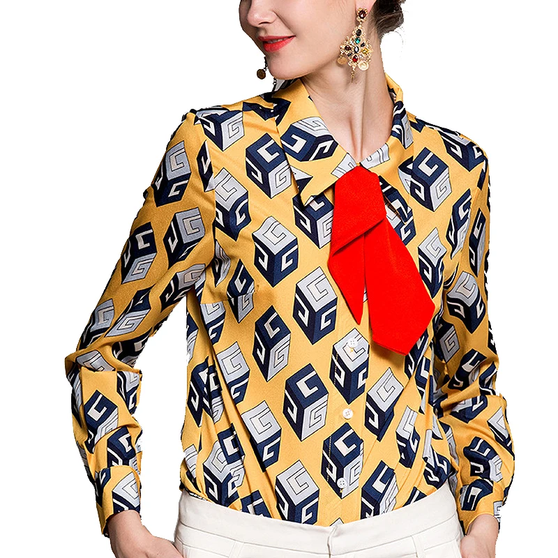 Весна лето Подиум стиль Женская блузка queen oil praiting винтажная Женская с длинным рукавом 3XL размера плюс Топы Рубашки - Цвет: Red Tie