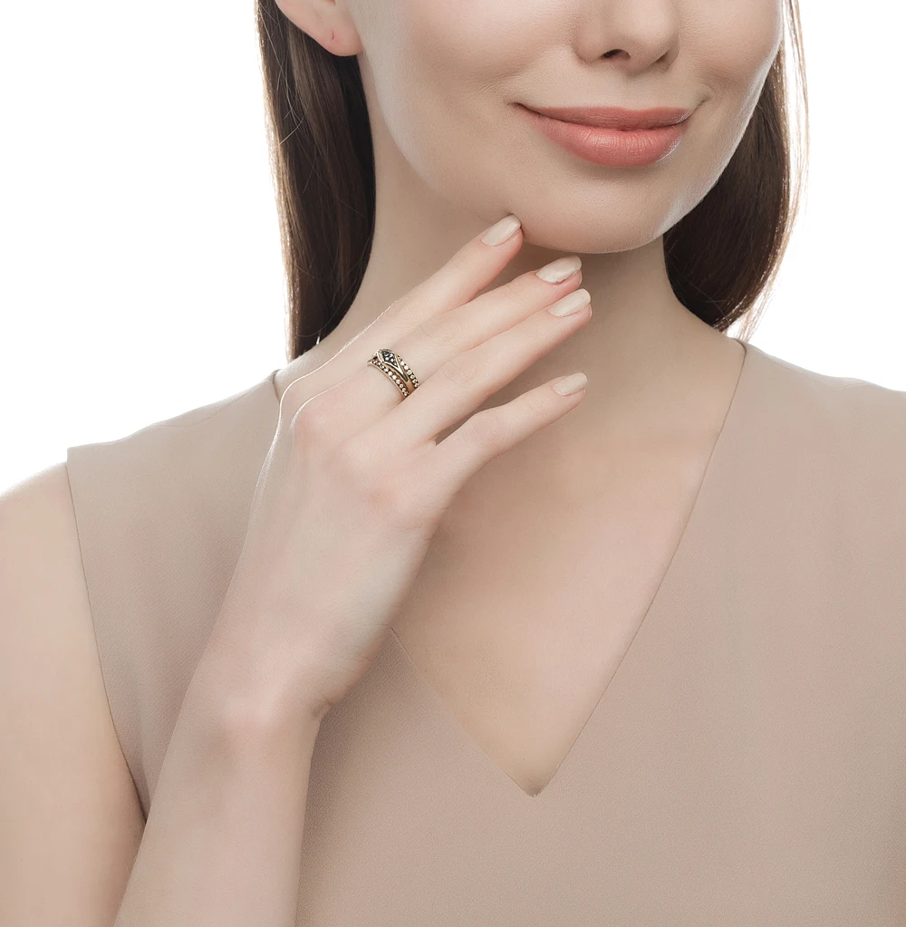 Gold ring with black and cognac diamonds SUNLIGHT test 585