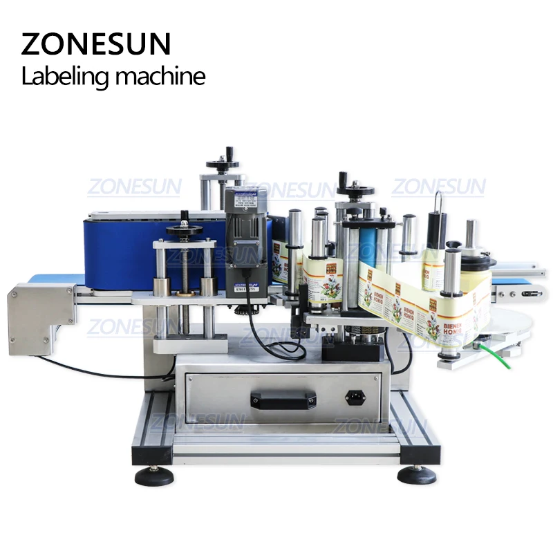 ZONESUN полностью автоматическая маленькая настольная этикетировочная машинка для круглых бутылок печать этикеток для пищевых фруктов пластиковая бутылка вина