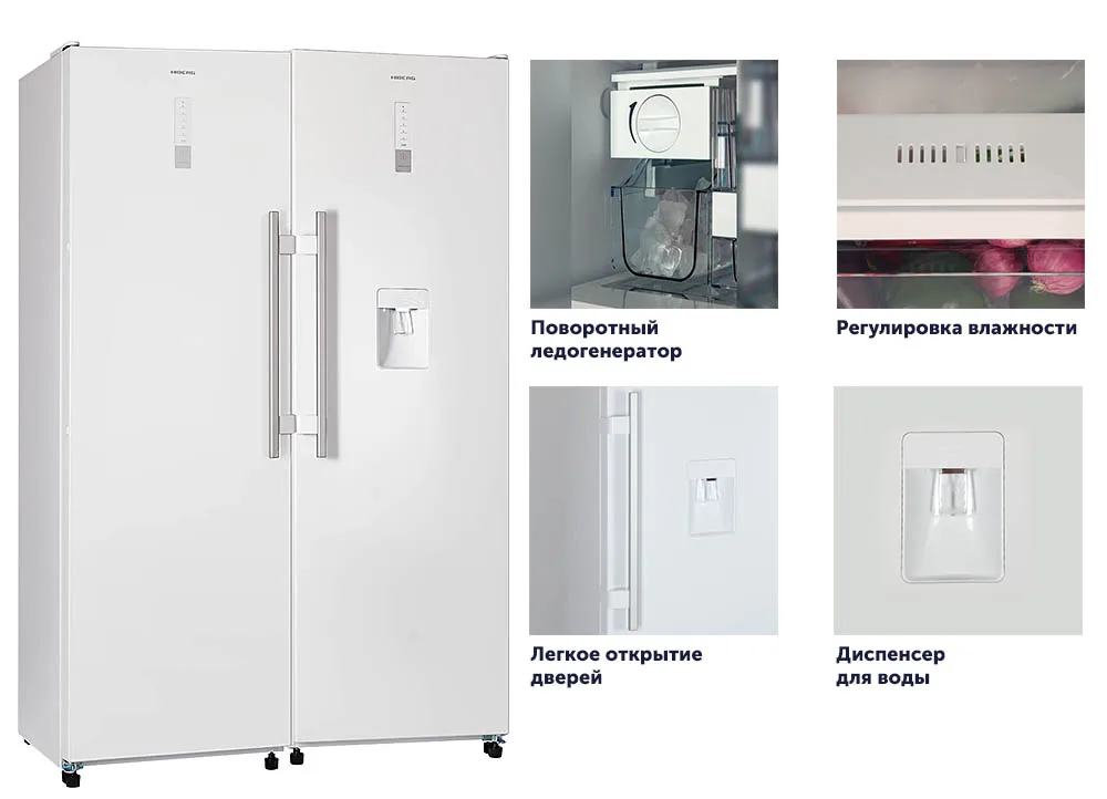 Комбинация Side-by-Side HIBERG RF-35D NFW+ FR-35LD NFWr, Обьем 601 л, фасад белый, можно ставить отдельно друг-от друга, диспенсер и ледогенератор, изихэндл