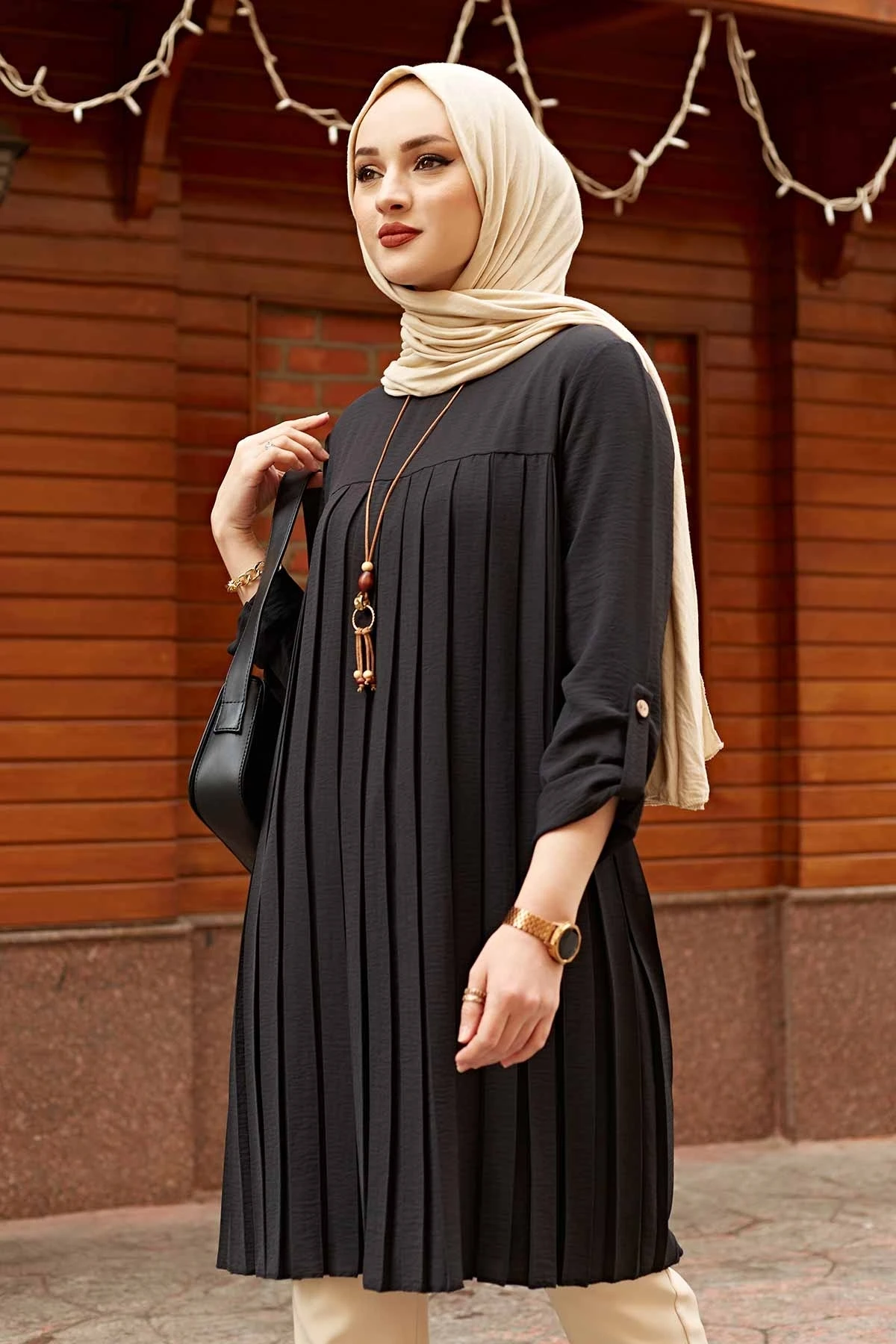 Pleated Tunic Gray Women Long Sleeve Plus Size Tops Abaya Dubai Vintage...