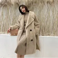 Obrix kış düz kadın 100% koyun yün v yaka kruvaze rahat tam kollu Streetwear moda kürk ceket kadınlar için