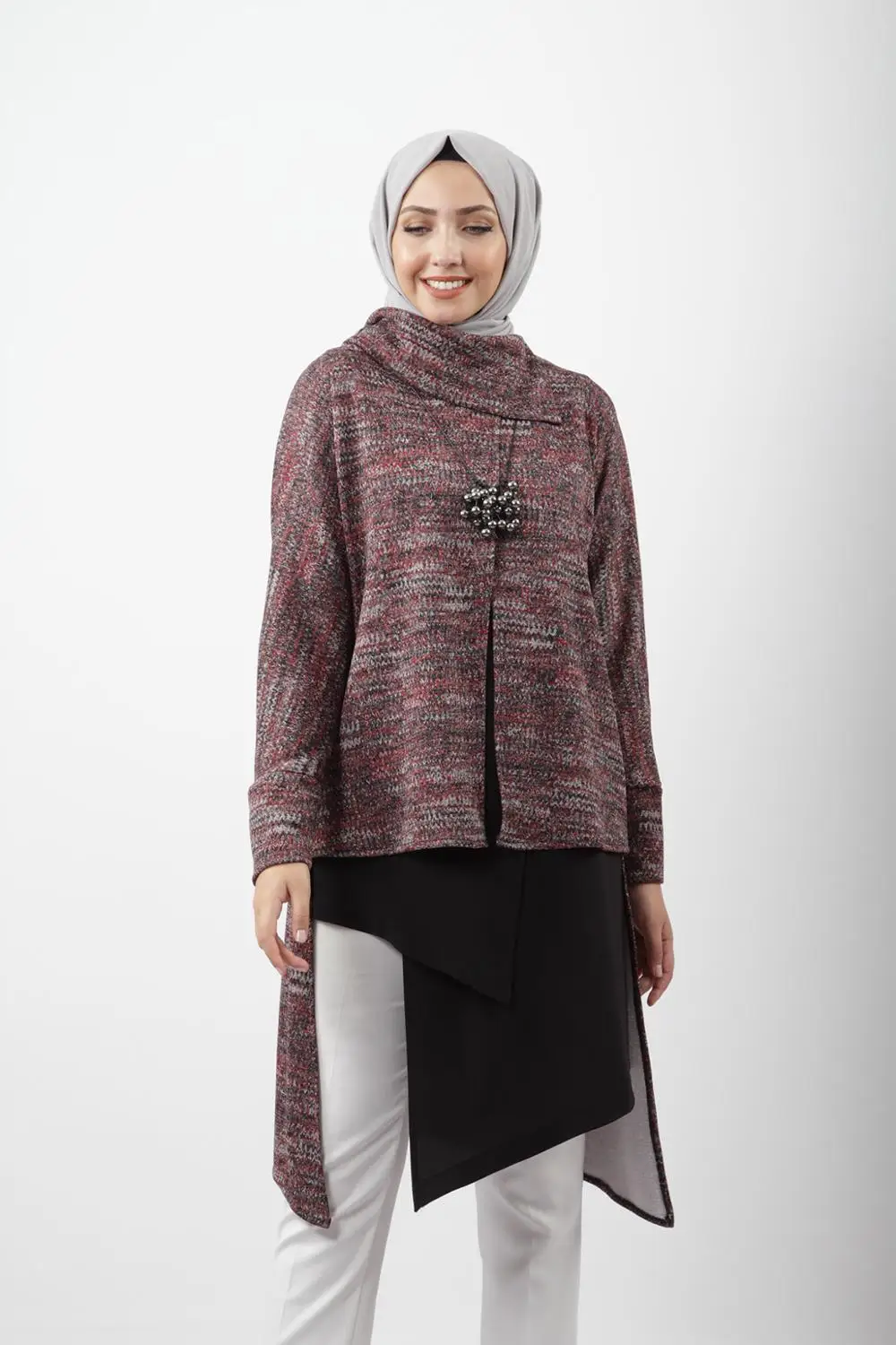 BORDO 6597-ŞAL яка, ASİMETRİK KESİM İKİLİ TAKIM-KEMAL AYDIN - Цвет: BORDO