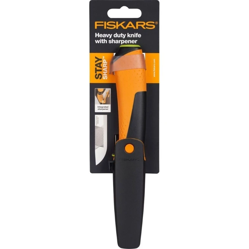 Нож для тяжелых работ с точилкой в чехле Fiskars(1023619