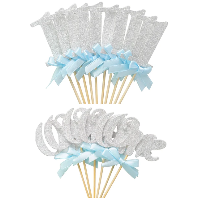 16pcs Silver Pink 1 One Paper Cupcake Topper 1st First Girl Boy Birthday Party Decorations My One Year I AM ONE Anniversary silver blue