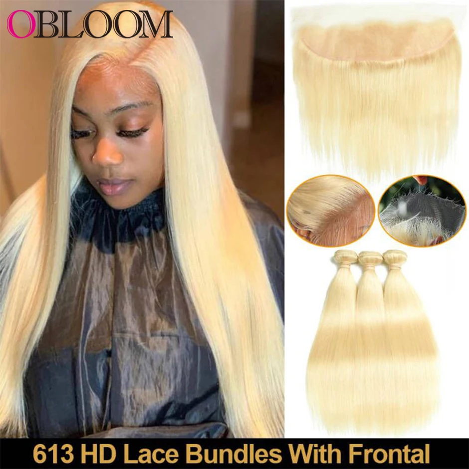 

613 Blonde Bundles With Frontal Melt Skin Real 13x4 HD Lace Frontal Straight Human Hair Extensions Transparent HD Lace Closure