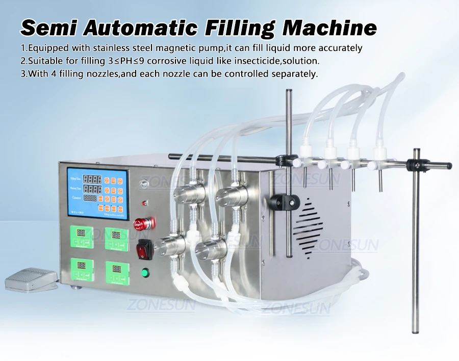 ZONESUN ZS-YTMP4S Máquina de enchimento de líquido com bomba magnética semiautomática de 4 cabeças