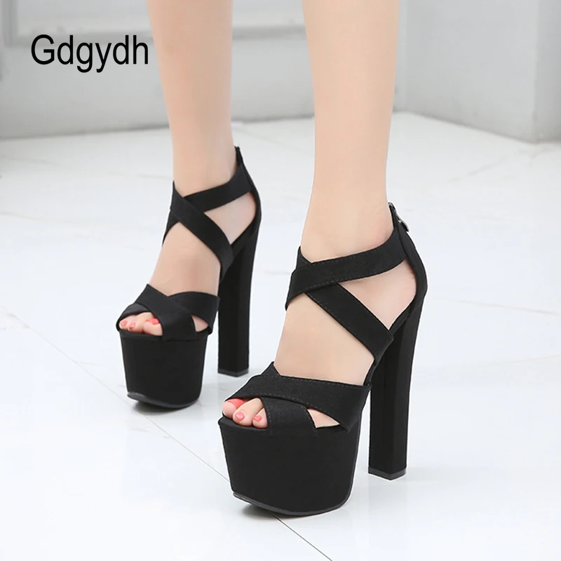 

Gdgydh Summer Women Platform Block Heels Sandals Black Party Cross Strap Back Zipper Roman High Heels Shoes Peep Toe