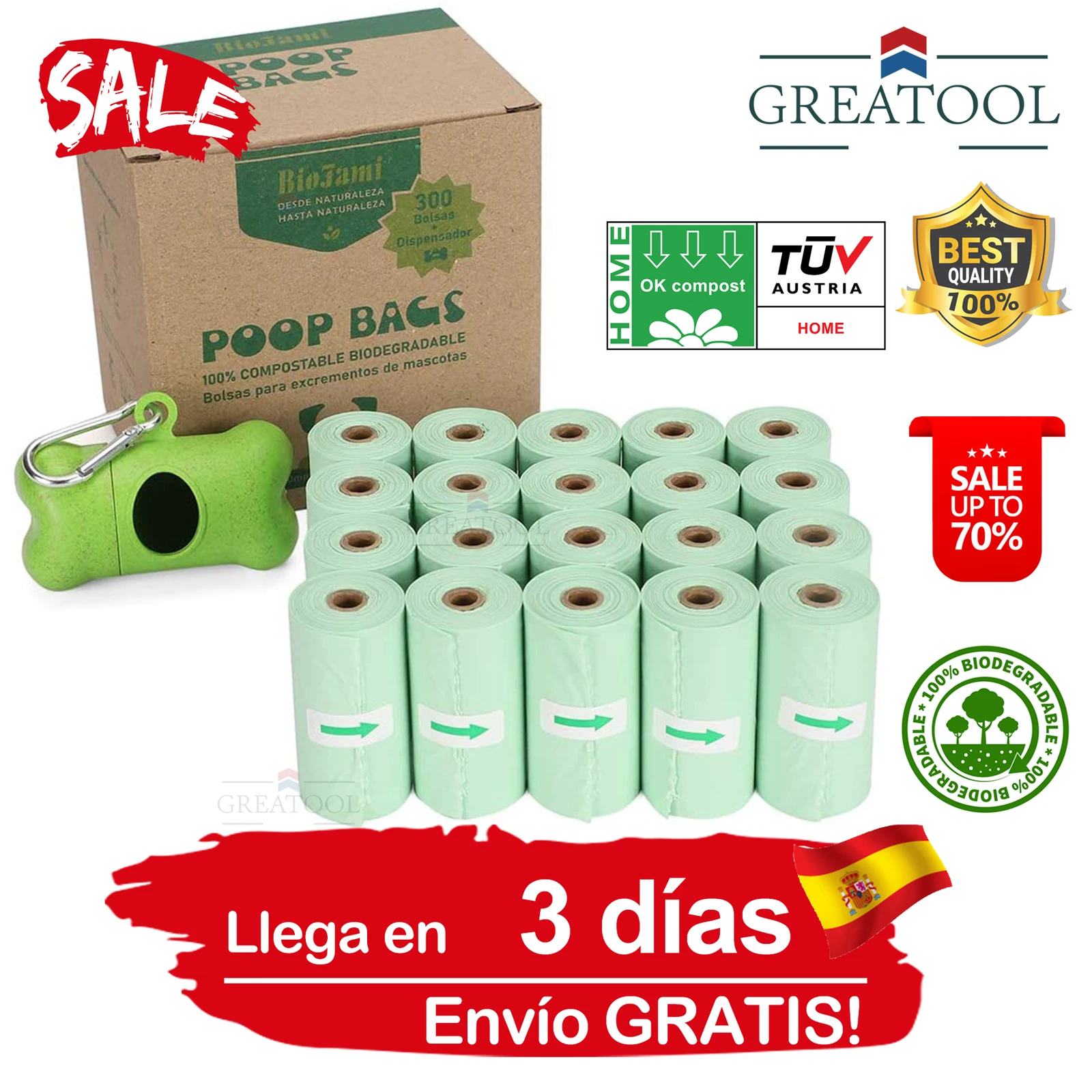 Bolsas 100% Biodegradables para Caca de Perro o Mascotas,Colector,Soporte Cucharas,Bolsa para Cachorros y Gatos,Rollos Pequeños