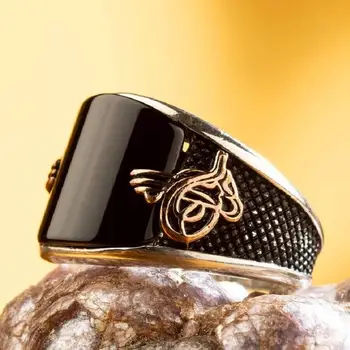 

925 Sterling Convex Black Onyx Stone Modern Silver Mens Ring with Tughra Fashion Turkish Premium Quality Handmade Jawelery