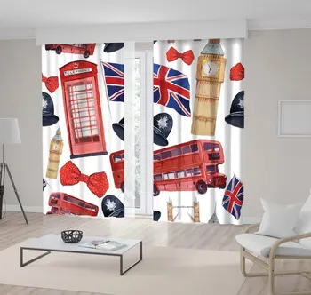 

Curtain London Theme Art with Red Phone Booth Big Ben Clock Flag of Great Britain Helmet Polka Dotted Bow Tie red Bus Printed