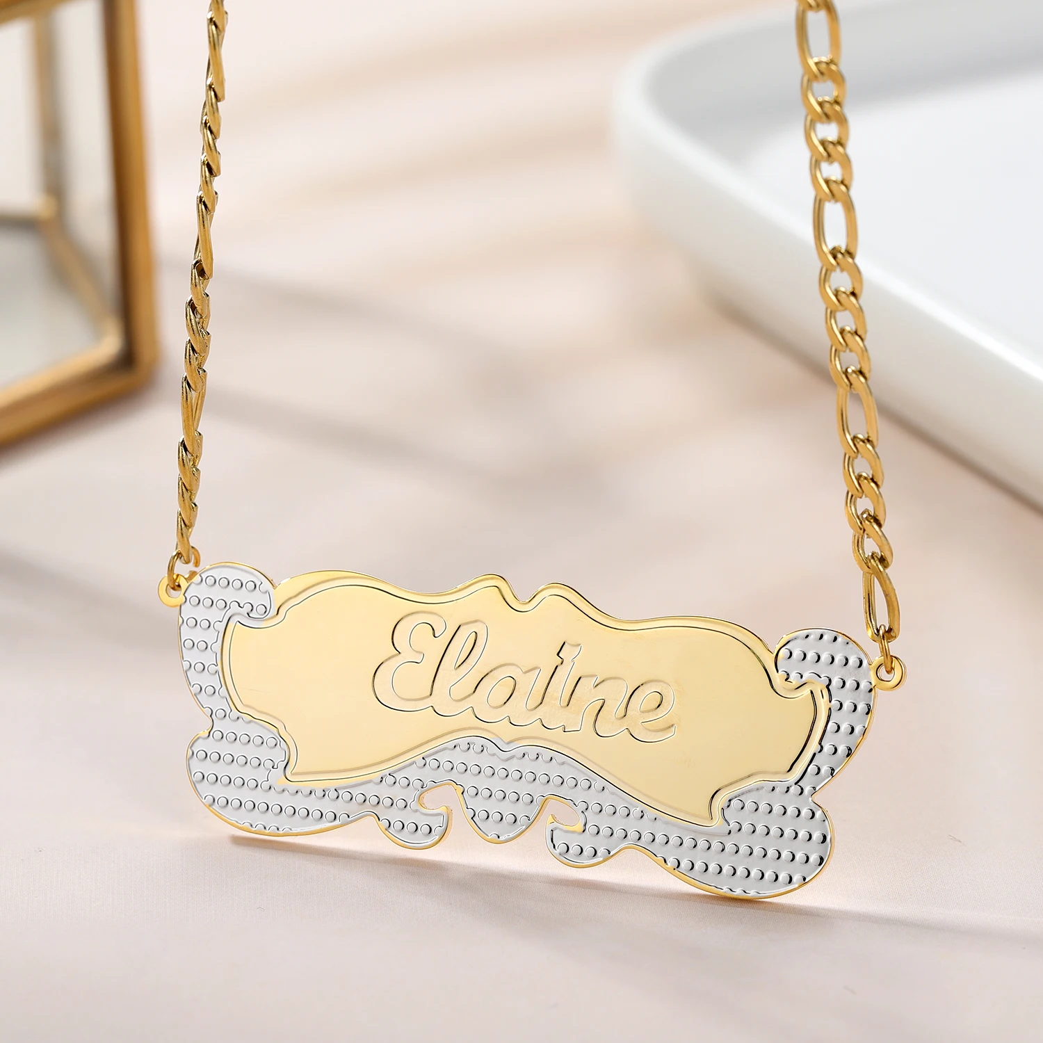 Double Gold Plated Name Necklace Laser Engraved Nameplate Pendant With Beading Stainless Steel Jewelry Gift For Women