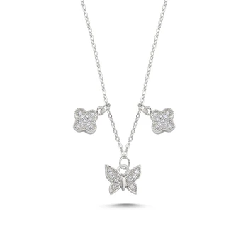 

Silver 925 Sterling Zircon Cubic Zirconia Butterfly & Clover Necklace