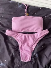 Bikini sin tirantes para mujer, bañador de 2 piezas, ropa de baño unicolor, conjunto de Bikini Sexy para mujer, traje de baño de cintura alta con Push-up, Bikini rosa y azul 2020
