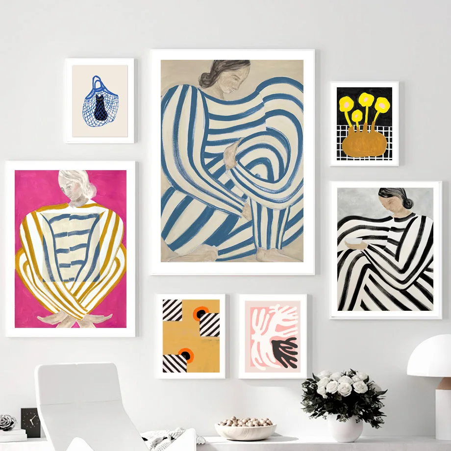 

Retro Abstract Lines Skirt Girl Coral Flower Cat Wall Art Canvas Painting Posters And Prints Wall Pictures For Living Room Decor