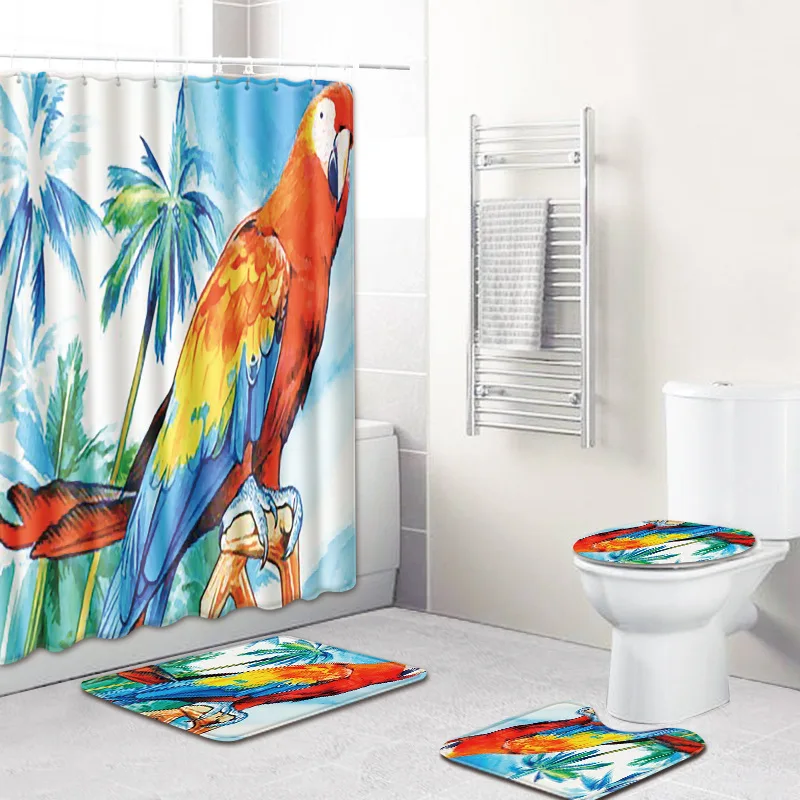 

4pcs/set Shower Curtain 3D Print Colorful Animal Anti-slip Bath Mat Toilet Seat Cover Pad Waterproof Fabric Home Bathroom Decor