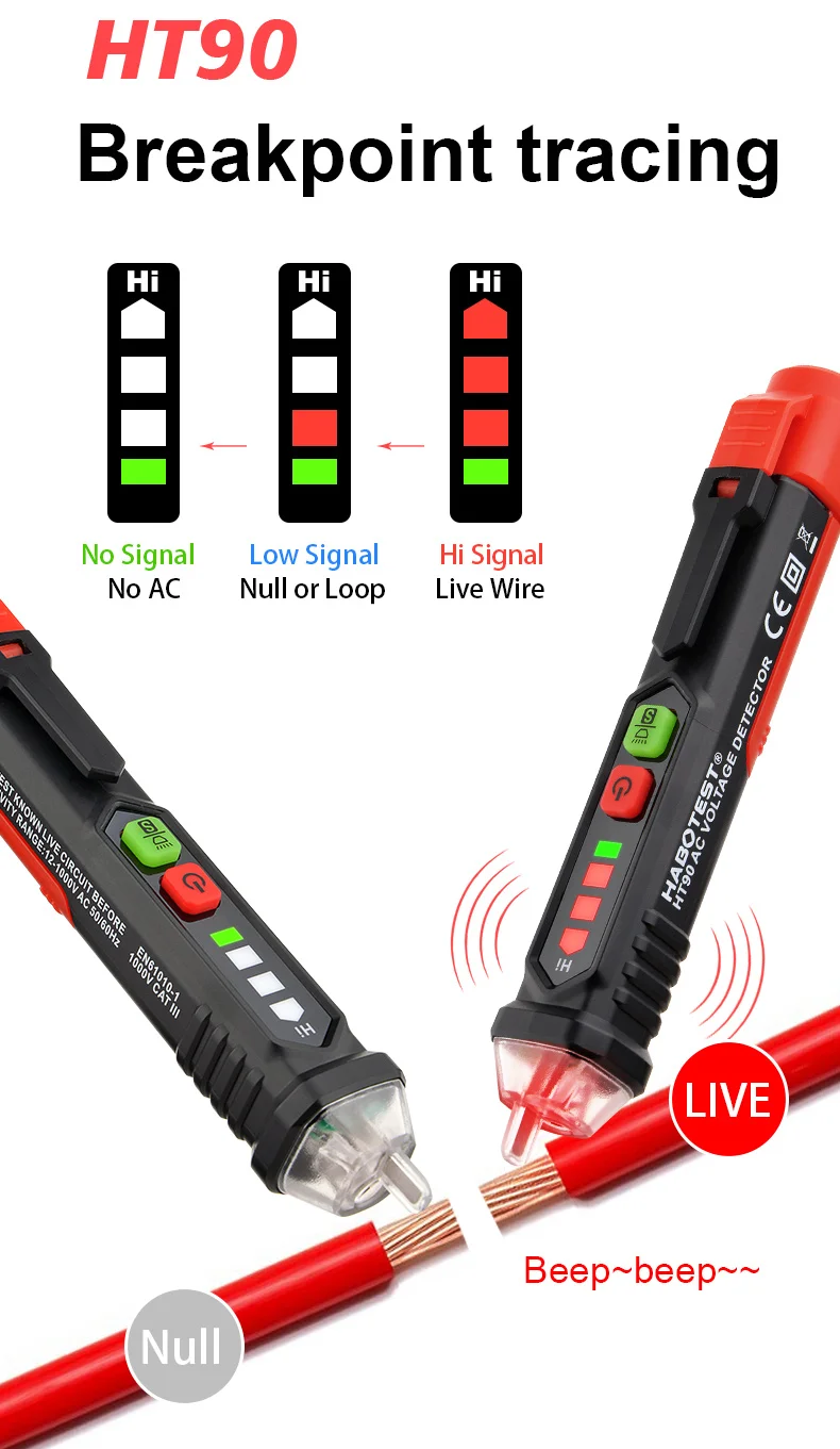 Voltage Indicator Non-contact Wire Break Detector Smart Electric Tester Live Null Check Hi Low Sensitivity AC 12-1000V HABOTEST electromagnetic field meter