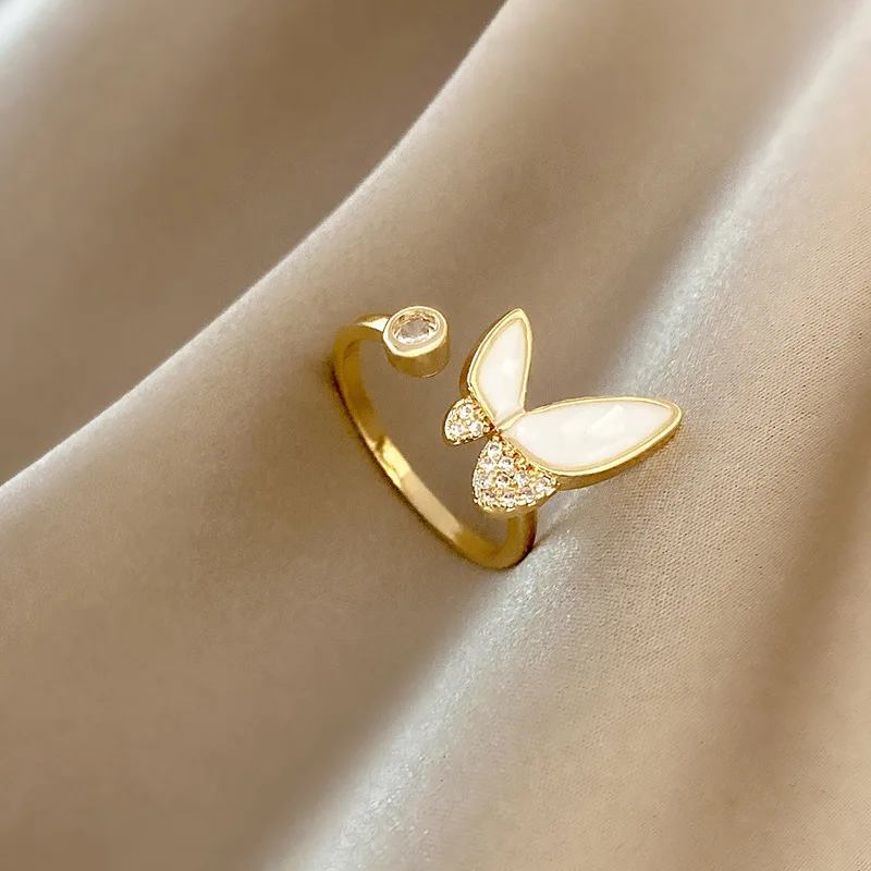 Cute Sweet Bowknot Butterfly Rings for Women Girls Ins Style Shell Zircon Pearl Gold Color Open Ring Double Layer Design Jewelry |