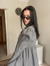 Plaid Dress Puff-Sleeve Square Collar Bclout Black White Sexy Vintage Autumn Casual Woman