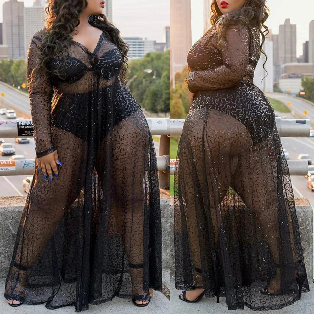 

INS Hottest Women Sexy Nightclub Mesh Dress Plus Size 2021 Spring Deep V-neck Long Sleeve Single-breasted Ankle-Length Dresses