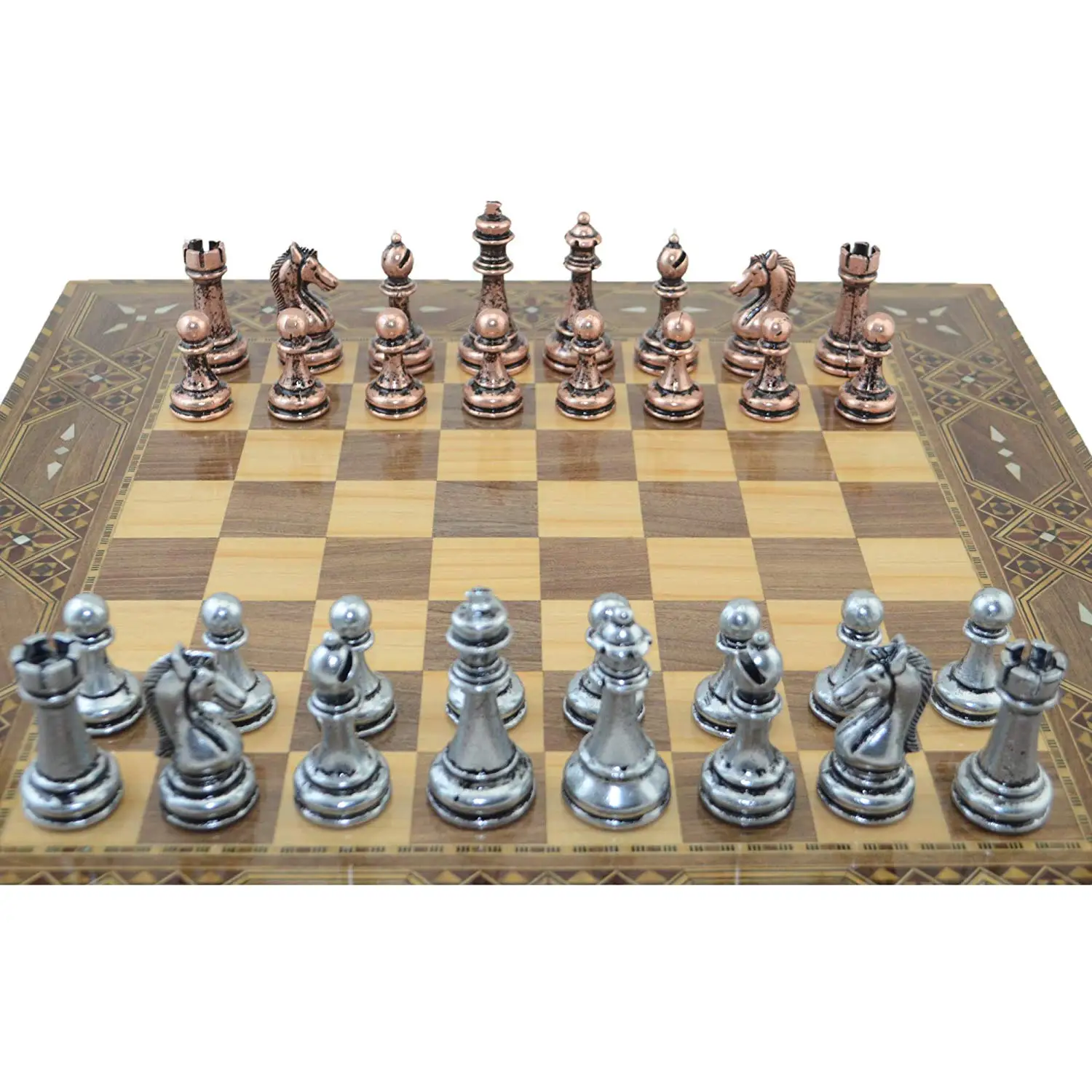 US $204.90 Classic Antique Copper Chess SetHandmade PiecesNatural Solid Wooden Chess Board with Original Pearl Around Board King 7 cm