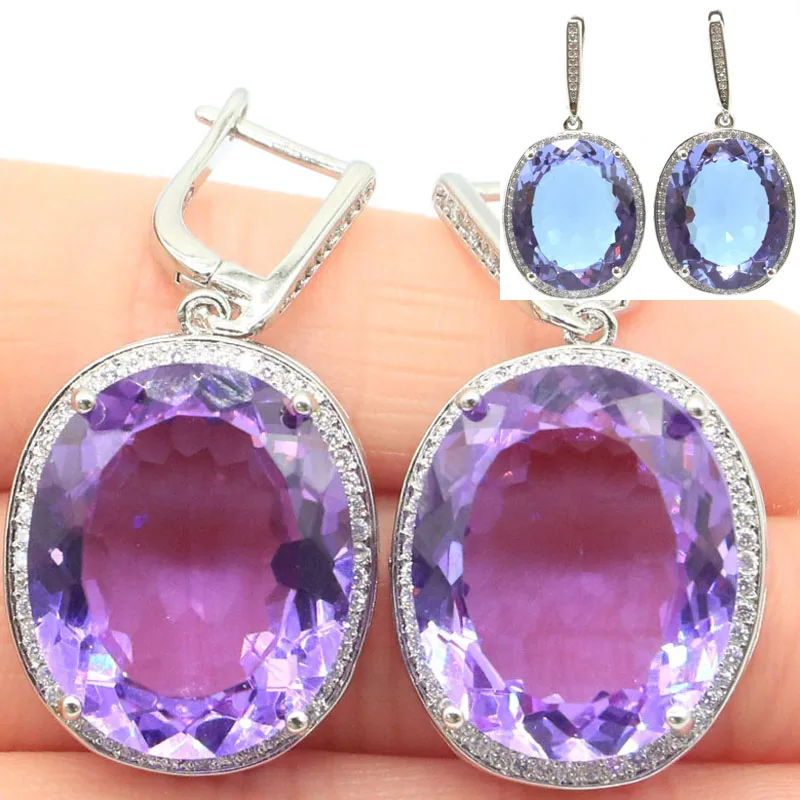 Jewelry Set Big Oval Color Changing Alexandrite Topaz CZ Silver Pendant Earrings Ring 34x21mm 22x18mm