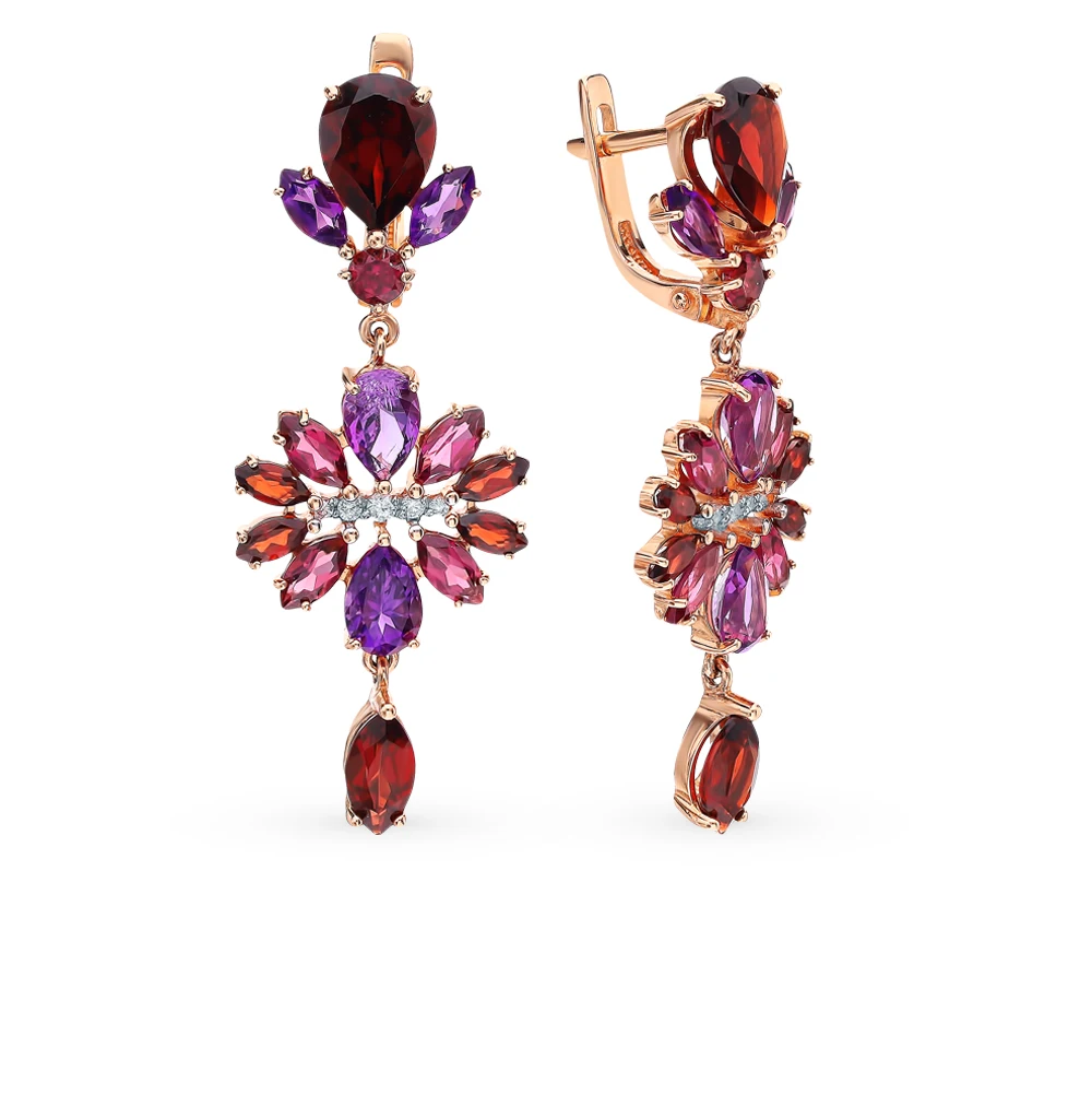 Gold earrings with amethyst cubic zirconia and Garnet sunlight sample 585 | Украшения и аксессуары