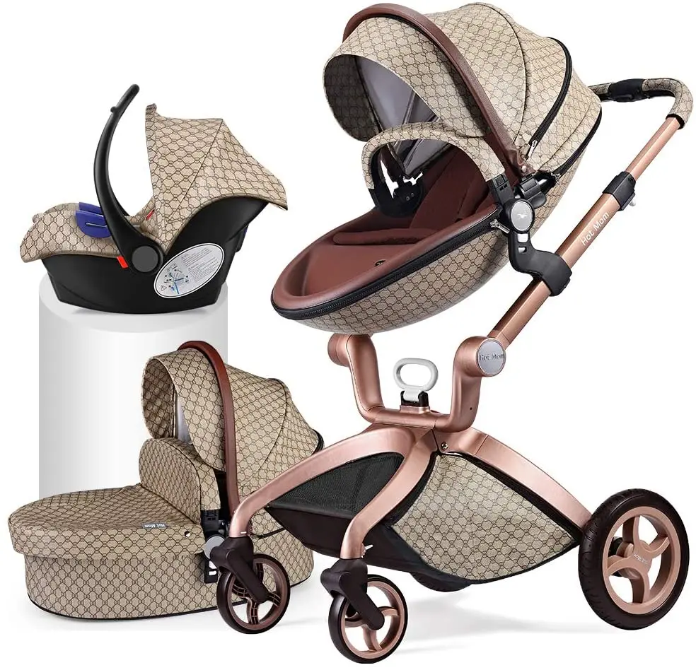 Hot Mom 3 in 1 Baby Stroller Travel System with Bassinet Brown(Pink carrito bebe, cochicito bebe afbeelding