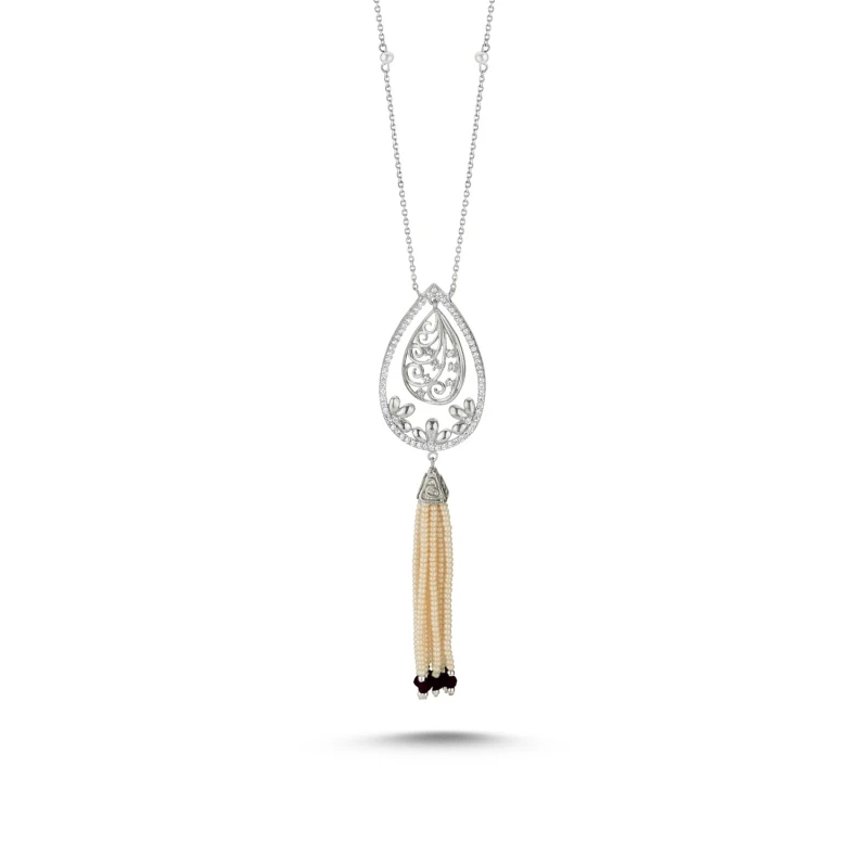 

Silver 925 Sterling Majorca Pearl and Amethyst Tassels Zircon Cubic Zirconia Necklace