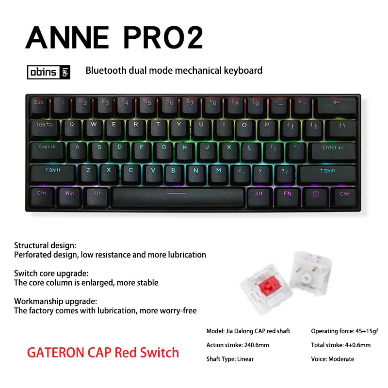 white computer keyboard Anne Pro 2 60% 61 Keys Portable Mini Wireless bluetooth 5.0 Mechanical Keyboard Office Gaming Keyboard Type-C Detachable Cable keyboard desktop Keyboards