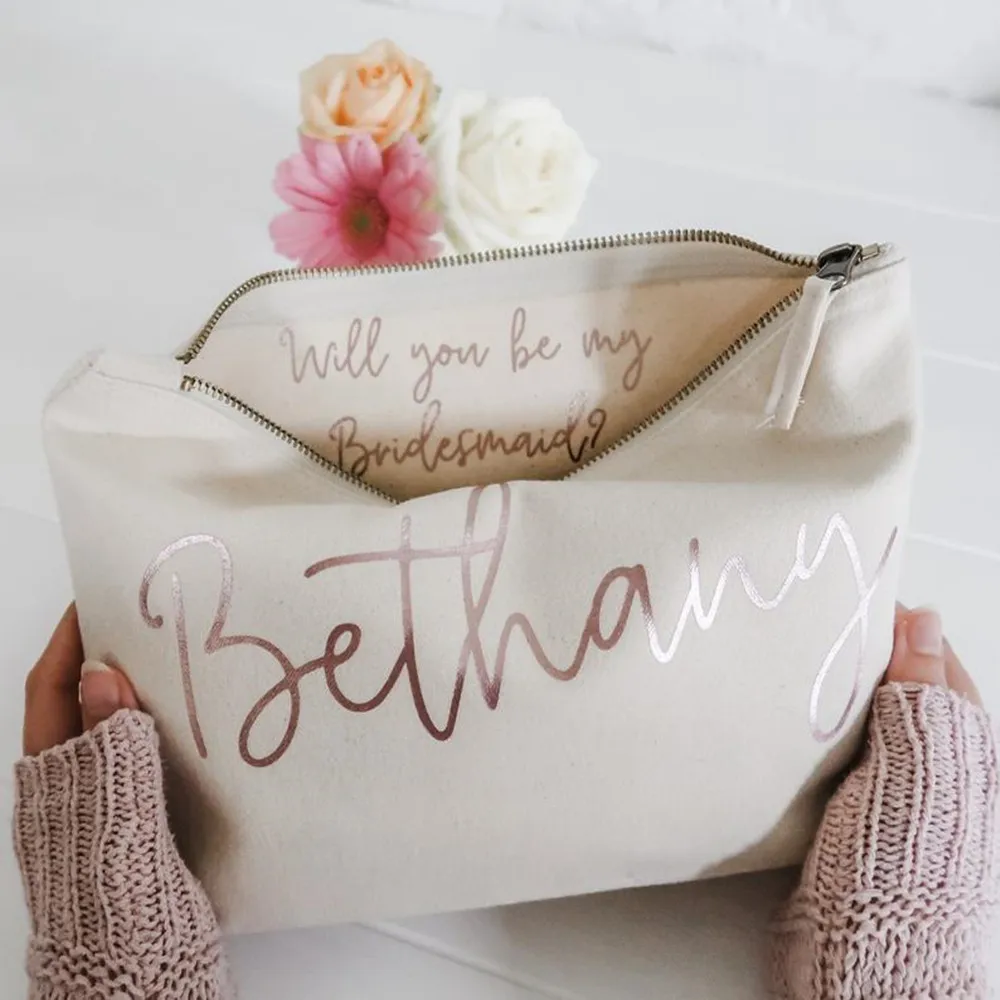 custom Make Up bag with gold monogram name, bride MakeUp Bags,wedding proposal gift, bridal shower cosmetic bag, Accessory bag