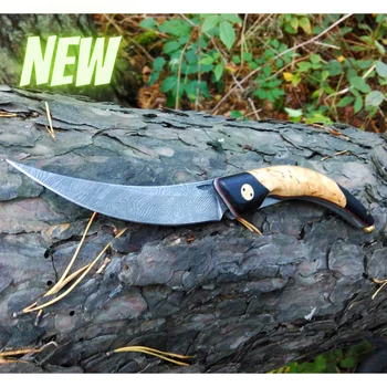

Knife folding wave with Damascus steel blade and Karelian Birch and grab handle