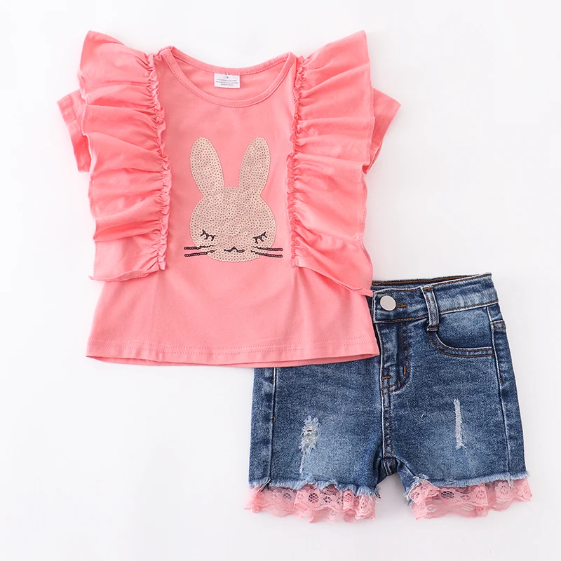 Girlymax Easter Spring Baby Girls Children Clothes Outfits Set Boutique Bunny Leopard Tie Dye Denim Jeans Shorts Cotton baby suit