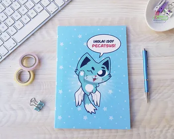 

Cat notebook I am Pecatsus, blue, thin A5 with white leaves. Ideal to draw and take you on a trip. Kawaii design.
