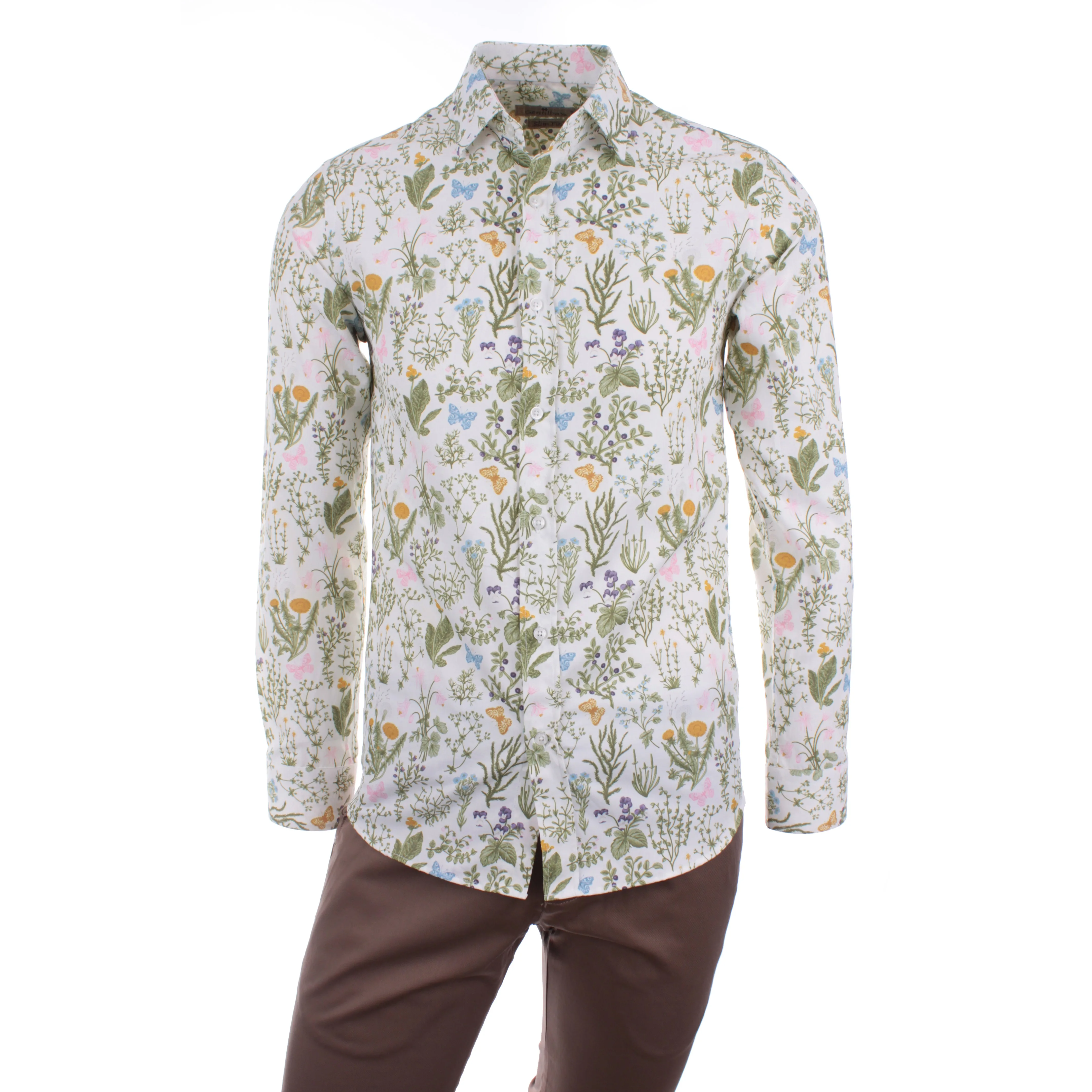 Gentilbay Men's Butterfly Flower Digital Printed Cotton Blue Slimfit Long-Sleeve Sport Classic Shirt DPD046 | Мужская одежда
