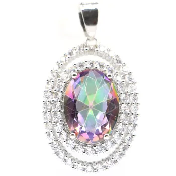 

37x21mm Dazzling Created Fire Rainbow Mystic Topaz CZ Gift For Sister Silver Pendant