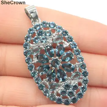 

48x24mm Classic Long Big Created London Blue Topaz White CZ Gift For Woman's Silver Pendant