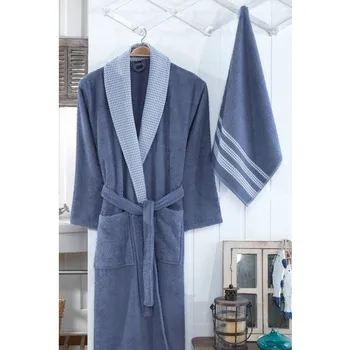 

Nakkısh Embroidered 100 Cotton 2 Piece Male Bathrobe Set-Denim