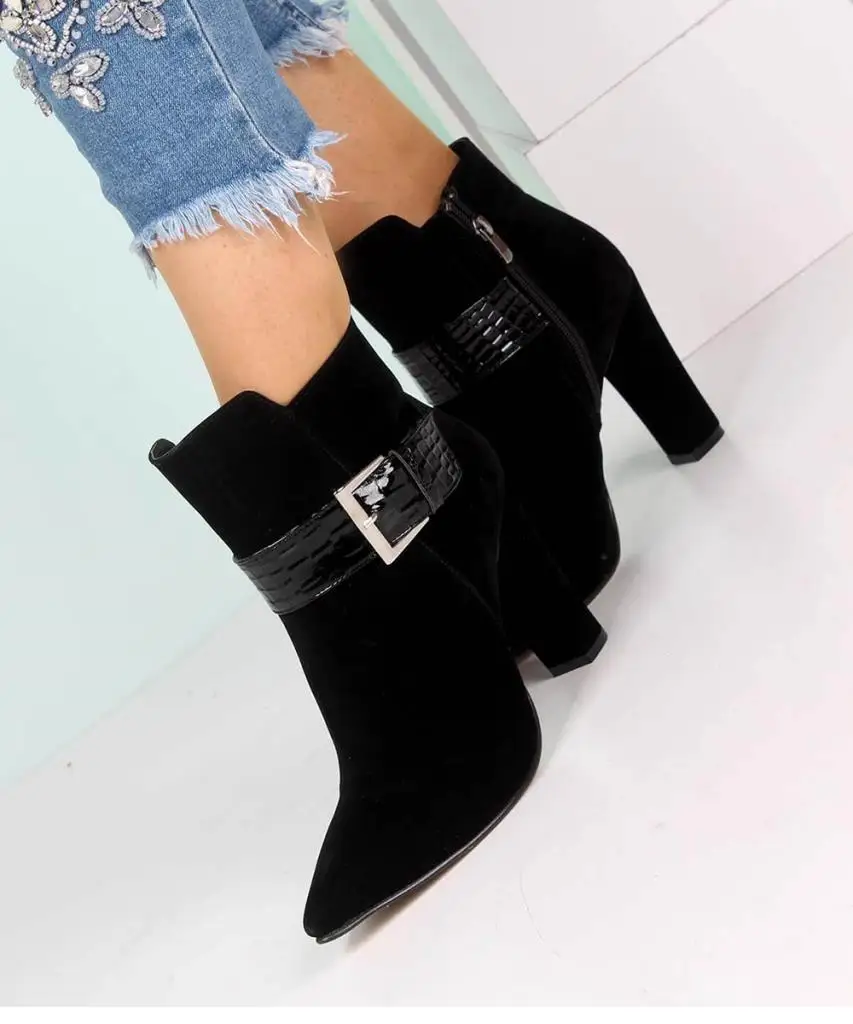 

Mosimoso Women's Ankle Height Boot Black Suede Pointed Toe Belt Buckle Heels Women Boots